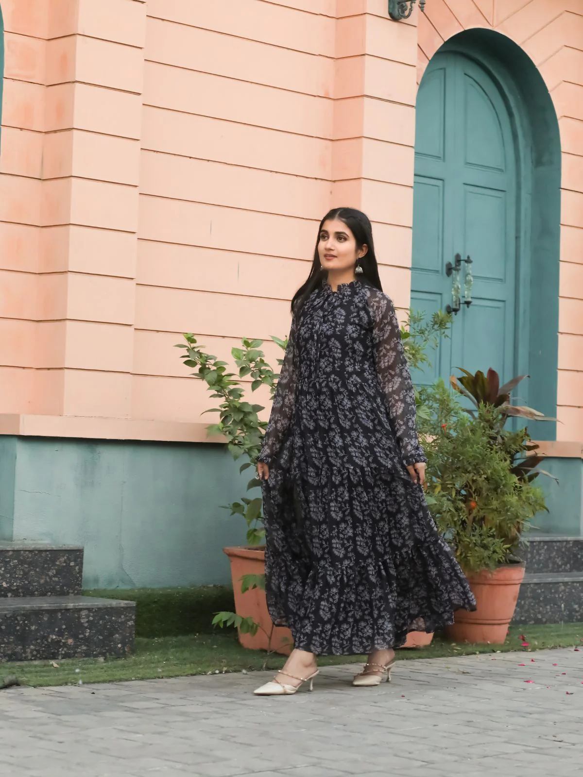 Odette Black Chiffon Stitched Printed Indo Western Dress For Women - Image 3