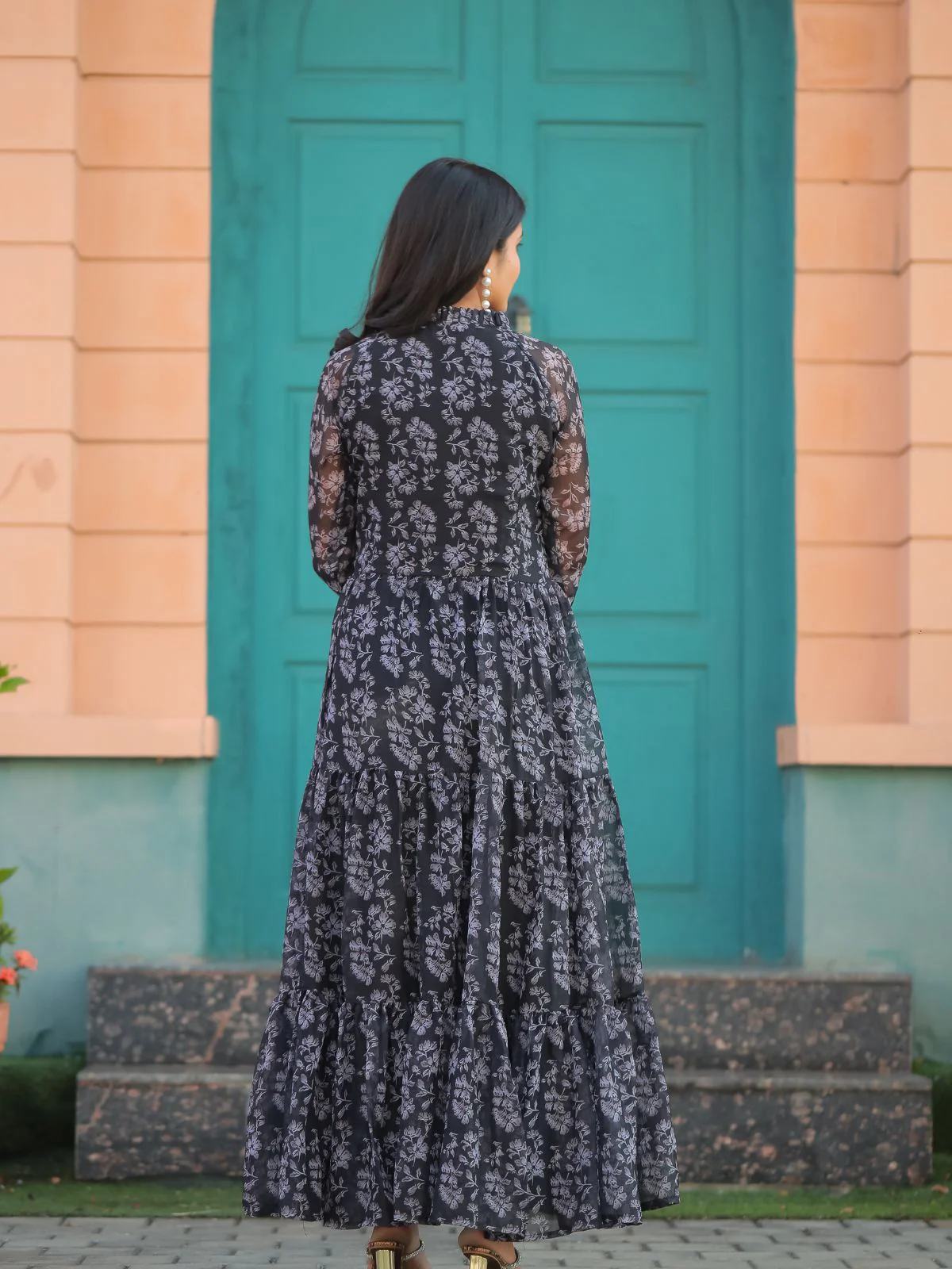 Odette Black Chiffon Stitched Printed Indo Western Dress For Women - Image 4