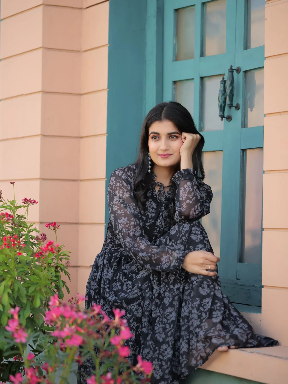 Odette Black Chiffon Stitched Printed Indo Western Dress For Women - Image 5