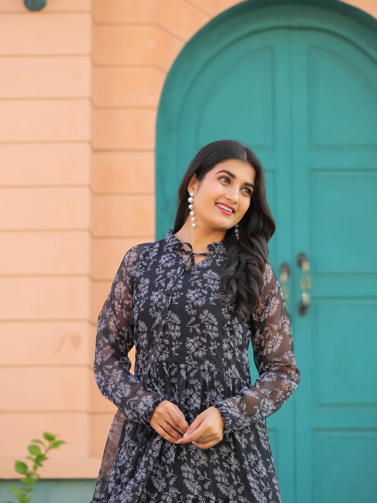 Odette Black Chiffon Stitched Printed Indo Western Dress For Women - Image 6