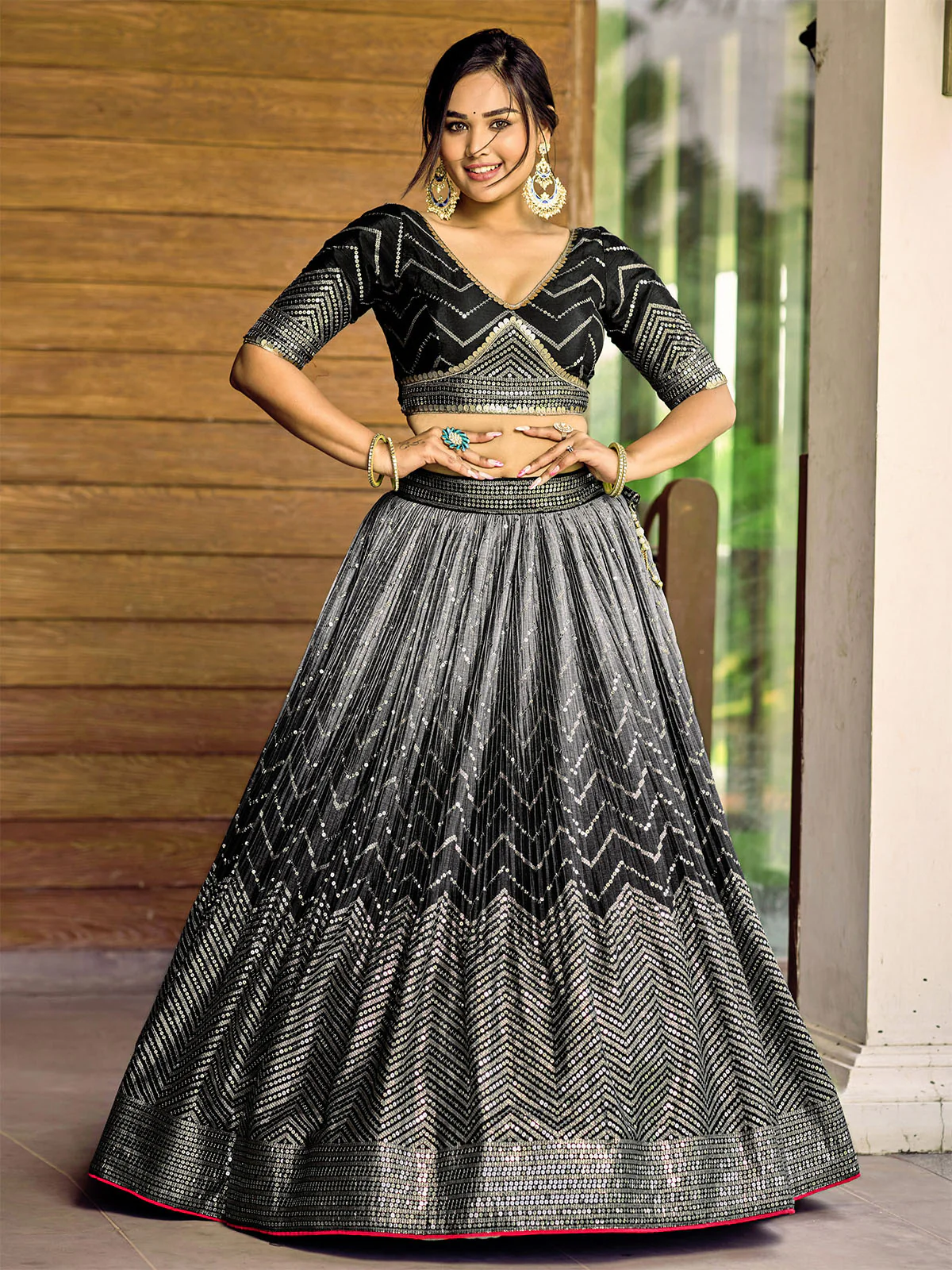 Odette Black Chinon Embellished Semi Stitched Lehenga With Unstitched Blouse For Women - Image 3