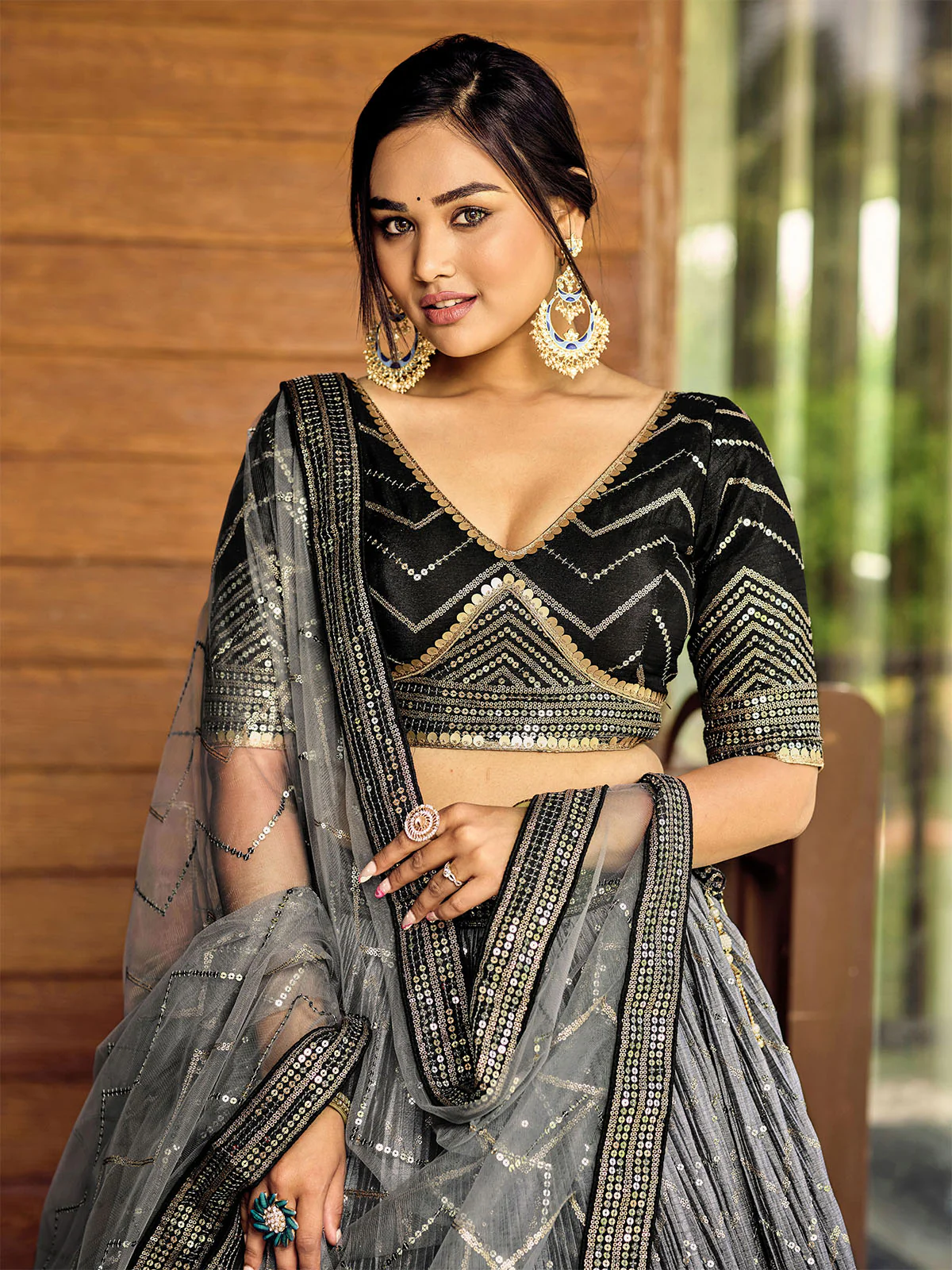 Odette Black Chinon Embellished Semi Stitched Lehenga With Unstitched Blouse For Women - Image 5