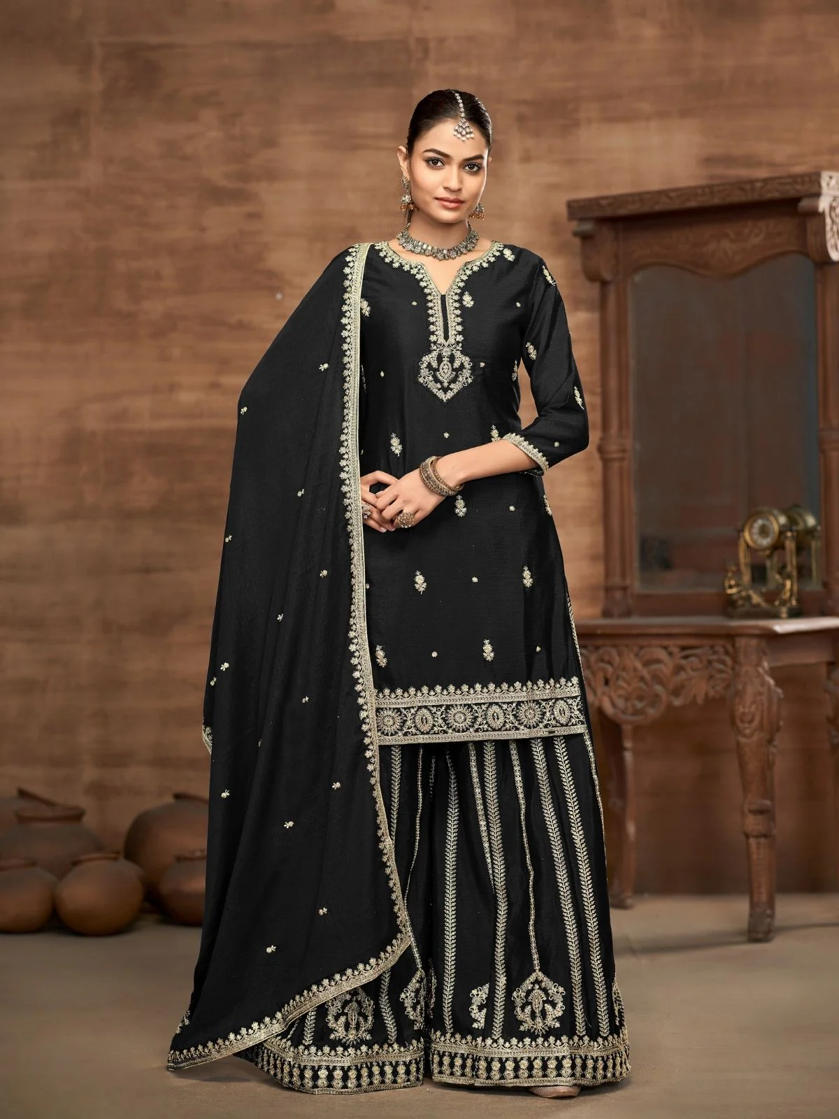 Odette Black Chinon Embroidered Semi-Stiched Kurta Set For Women - Image 2