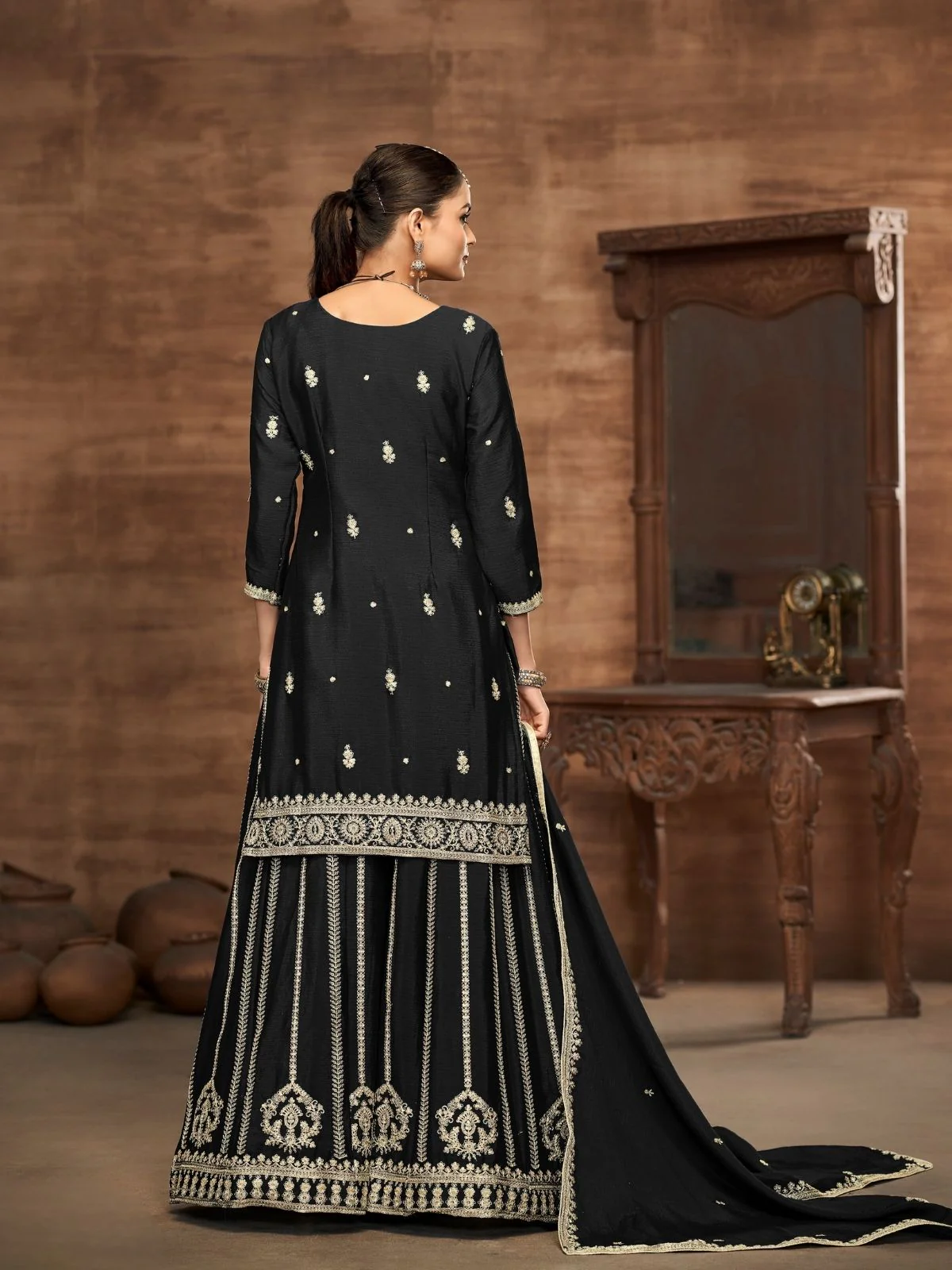 Odette Black Chinon Embroidered Semi-Stiched Kurta Set For Women - Image 3