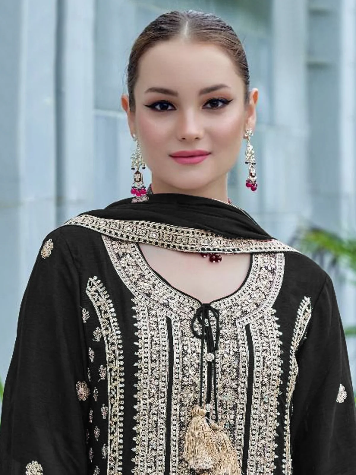 Odette Black Chinon Embroidered Semi-Stitched Kurta Set For Women - Image 2