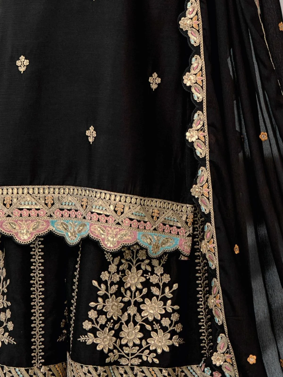Odette Black Chinon Embroidered Stitched Kurta Set For Women - Image 5