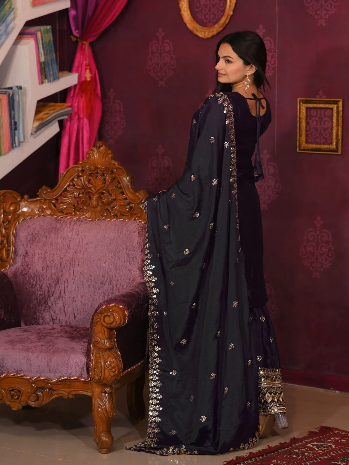 Odette Black Chinon Embroidered Stitched Kurta Set For Women - Image 2