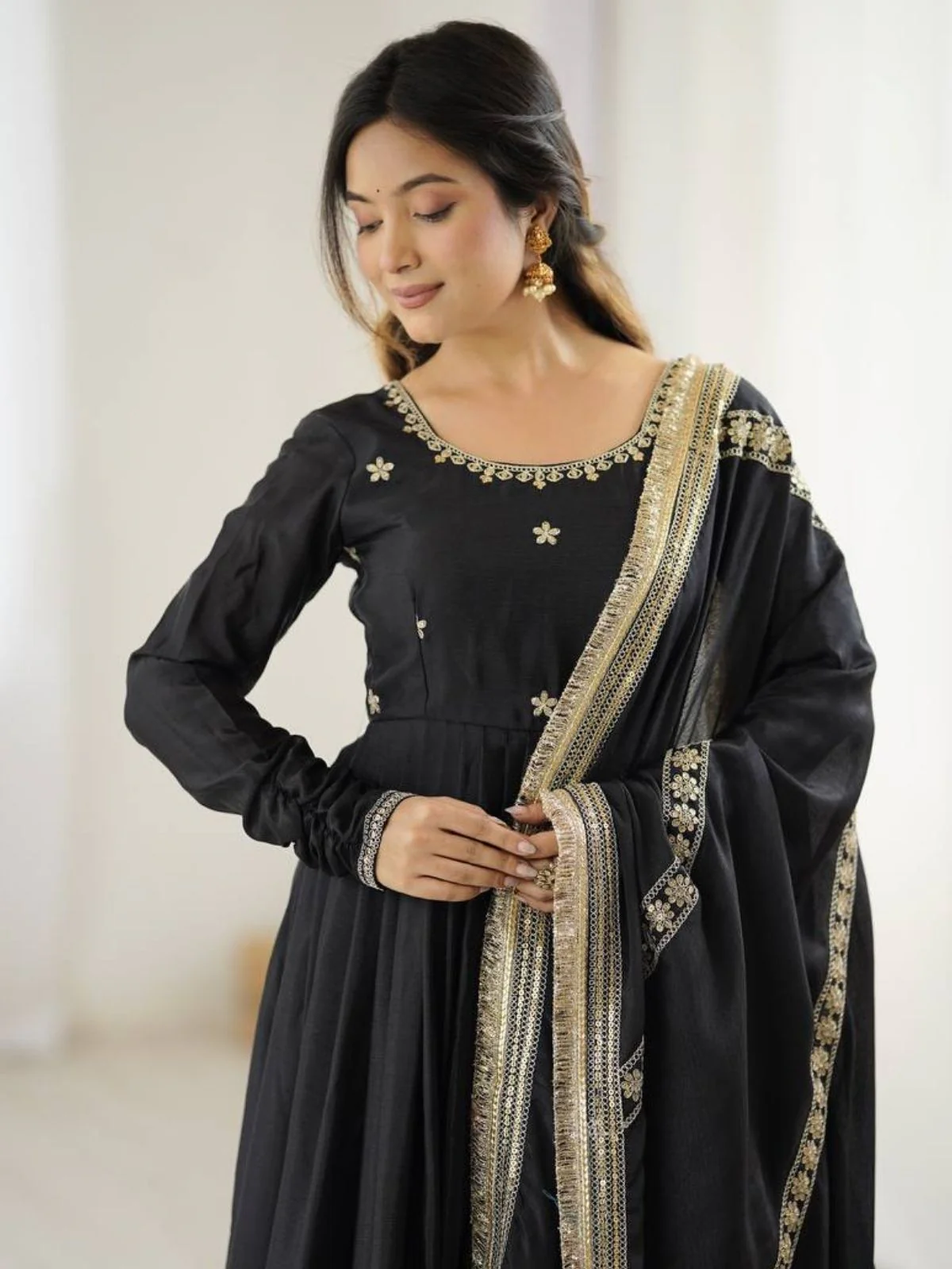 Odette Black Chinon Silk Embroidered Stitched Kurta Set For Women - Image 3