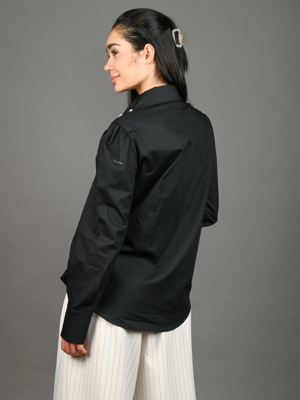 Odette Black Cotton Blend Embellished Shirt For Women - Image 4