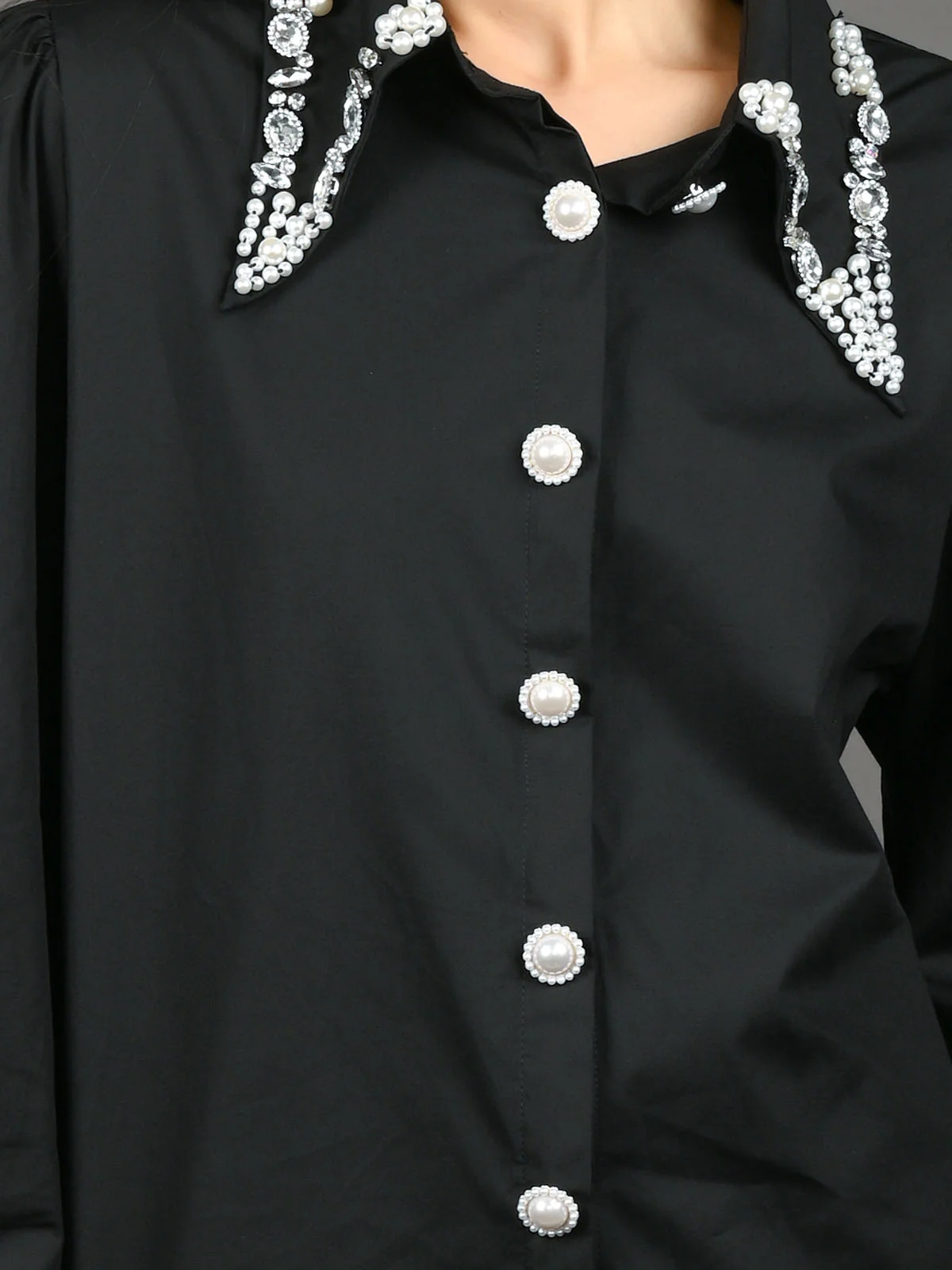 Odette Black Cotton Blend Embellished Shirt For Women - Image 5