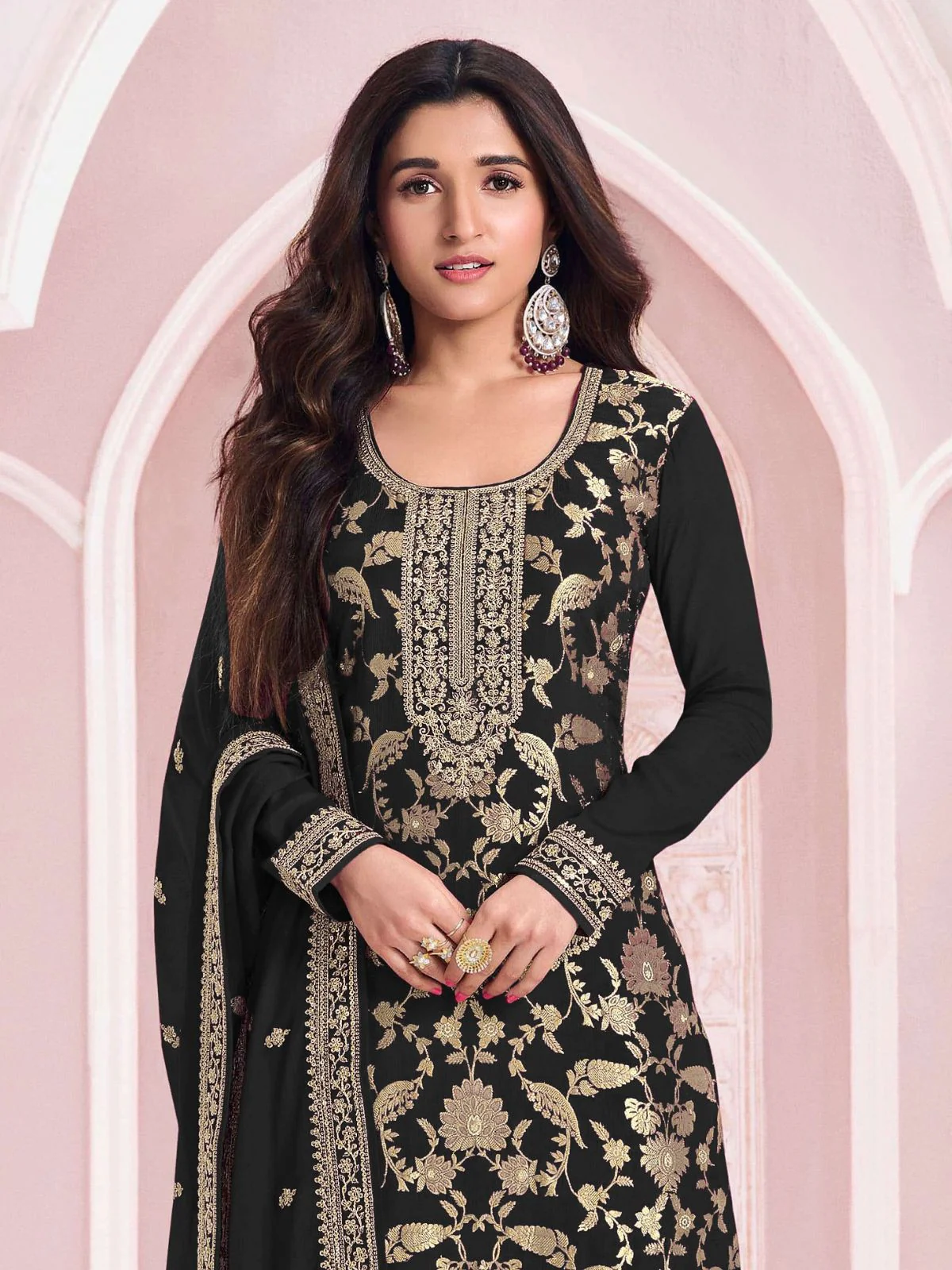 Odette Black Cotton Blend Embroidered Semi-Stitched Kurta Set For Women - Image 2