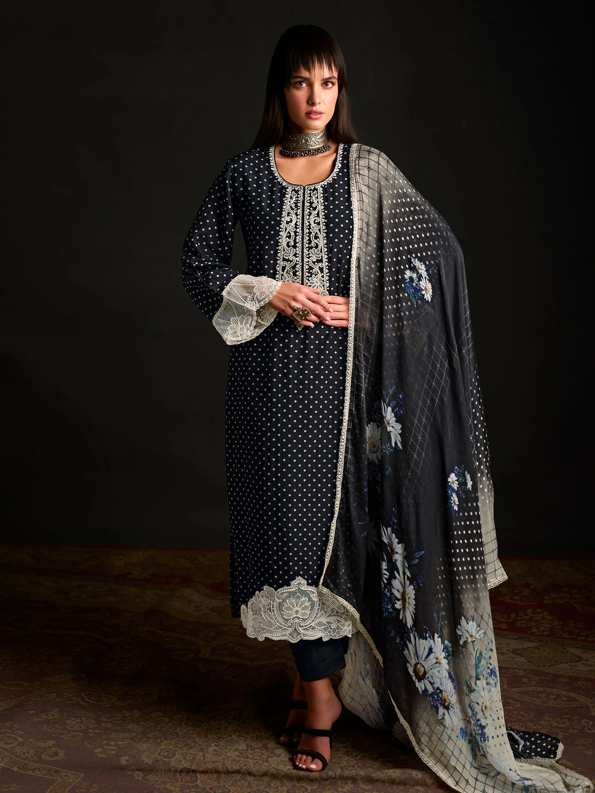 Odette Black Cotton Blend Embroidered Semi-Stitched Kurta Set For Women - Image 2