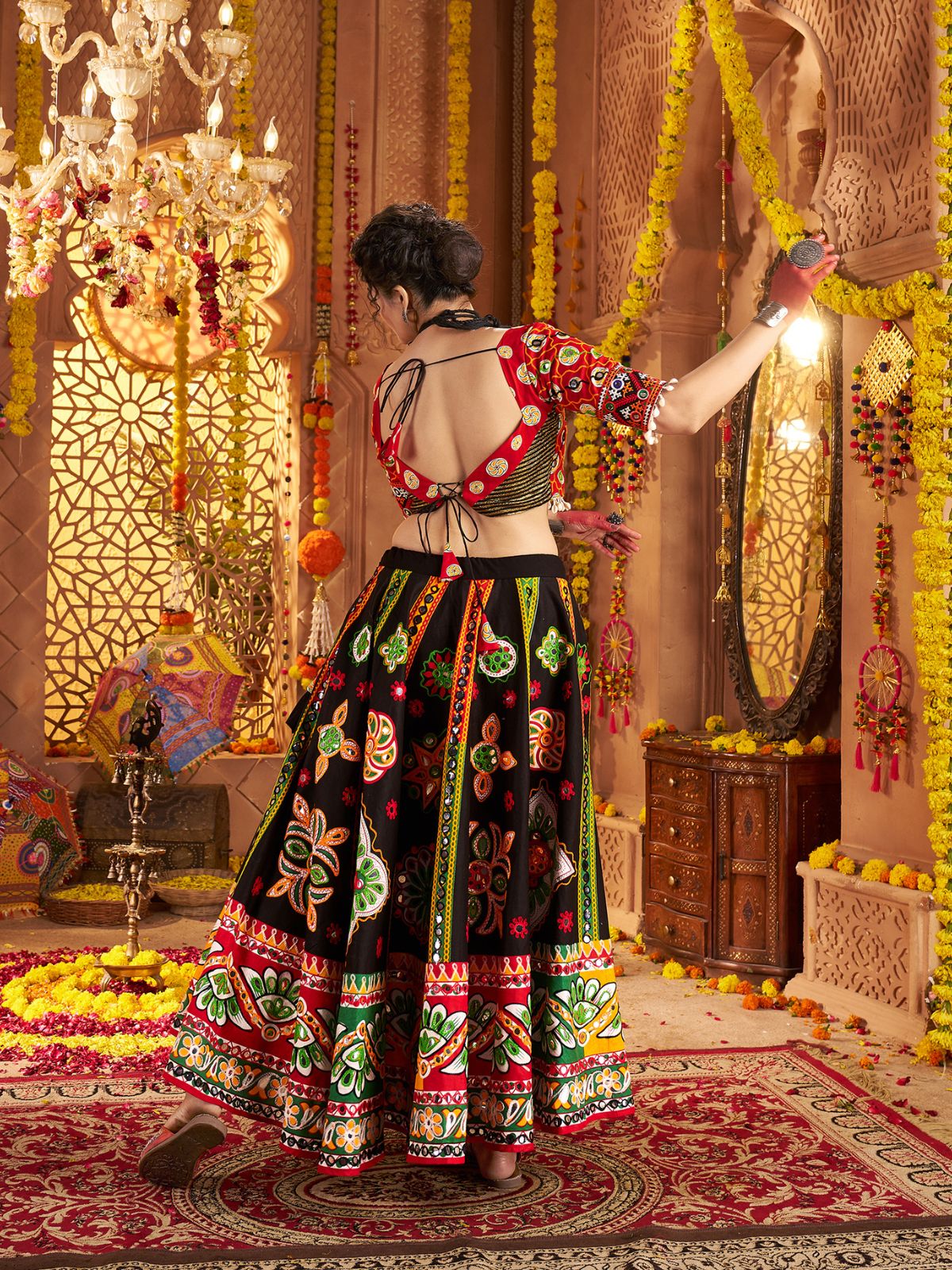 Odette Black Cotton Blend Embroidered Semi-Stitched lehenga For Women - Image 4