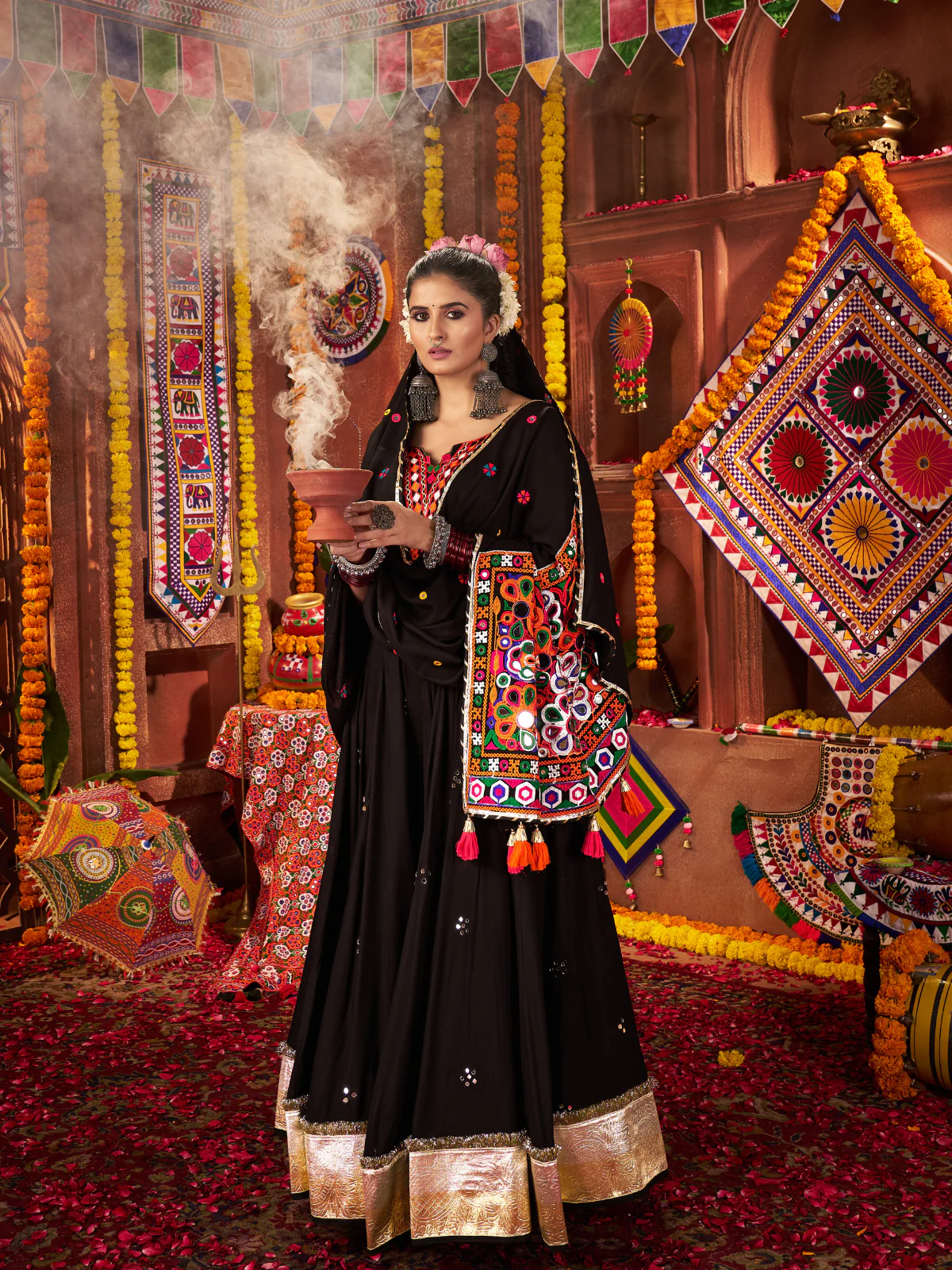 Odette Black Cotton Blend Embroidered Semi-Stitched lehenga For Women - Image 2