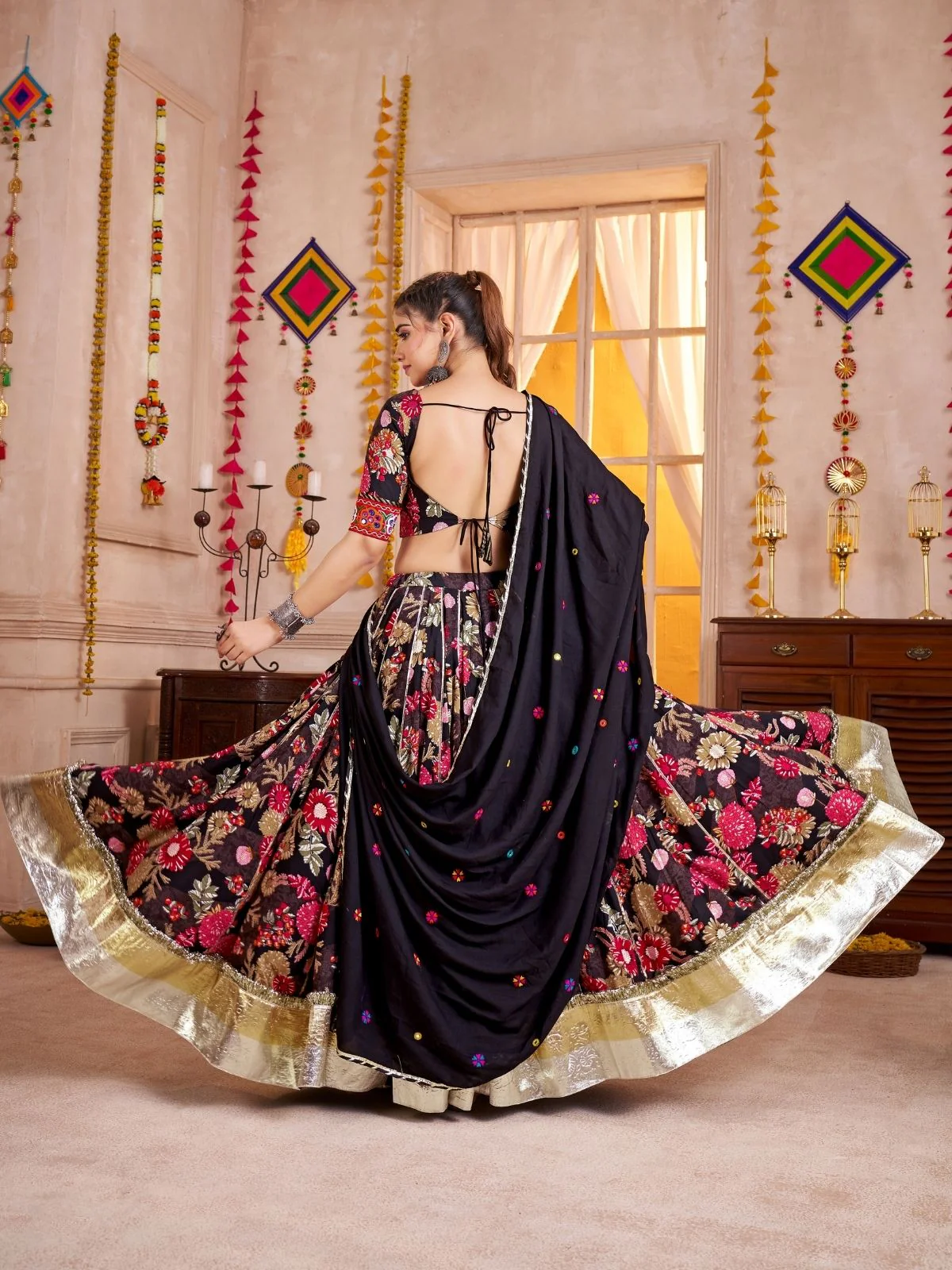 Odette Black Cotton Blend Embroidered Semi-Stitched Lehenga For Women - Image 2