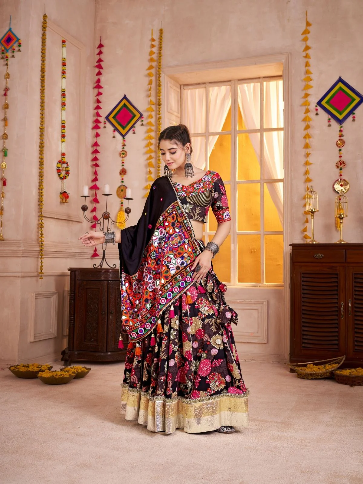 Odette Black Cotton Blend Embroidered Semi-Stitched Lehenga For Women - Image 3