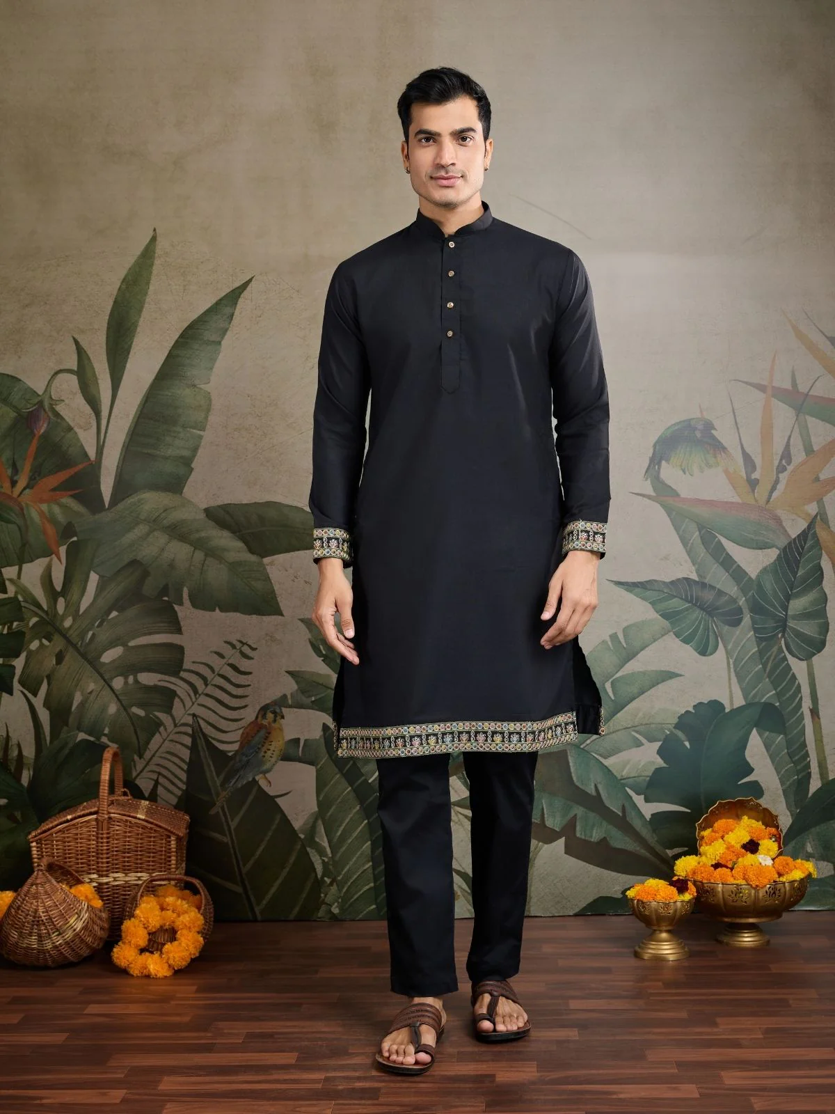 Odette Black Cotton Blend Embroidered Stitched Kurta For Men - Image 3
