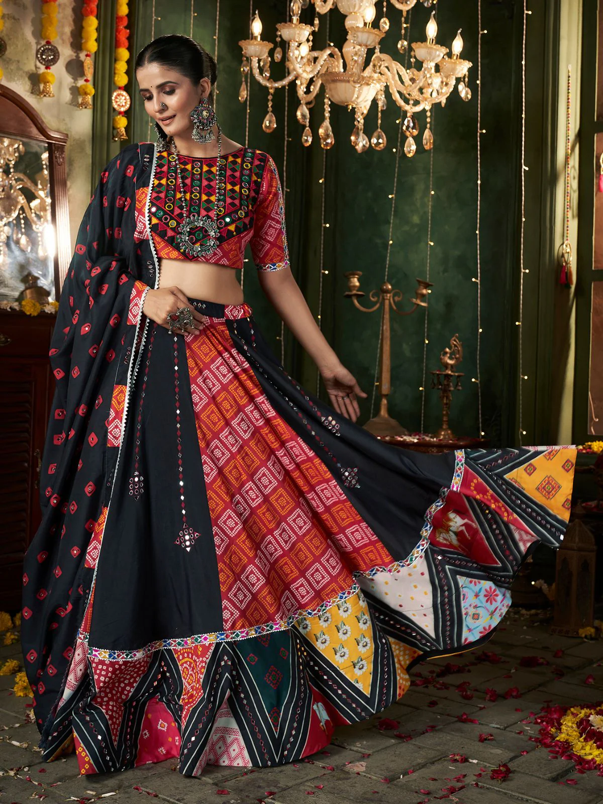 Odette Black Cotton Blend Printed Stitched Lehenga With Blouse For Women - Image 2