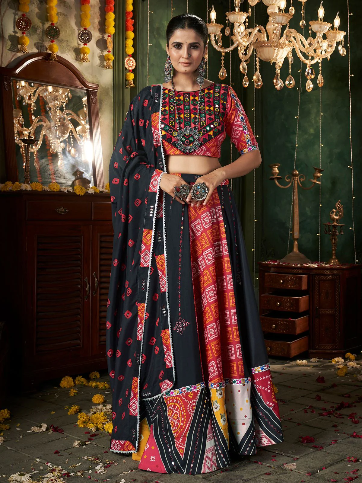 Odette Black Cotton Blend Printed Stitched Lehenga With Blouse For Women - Image 4