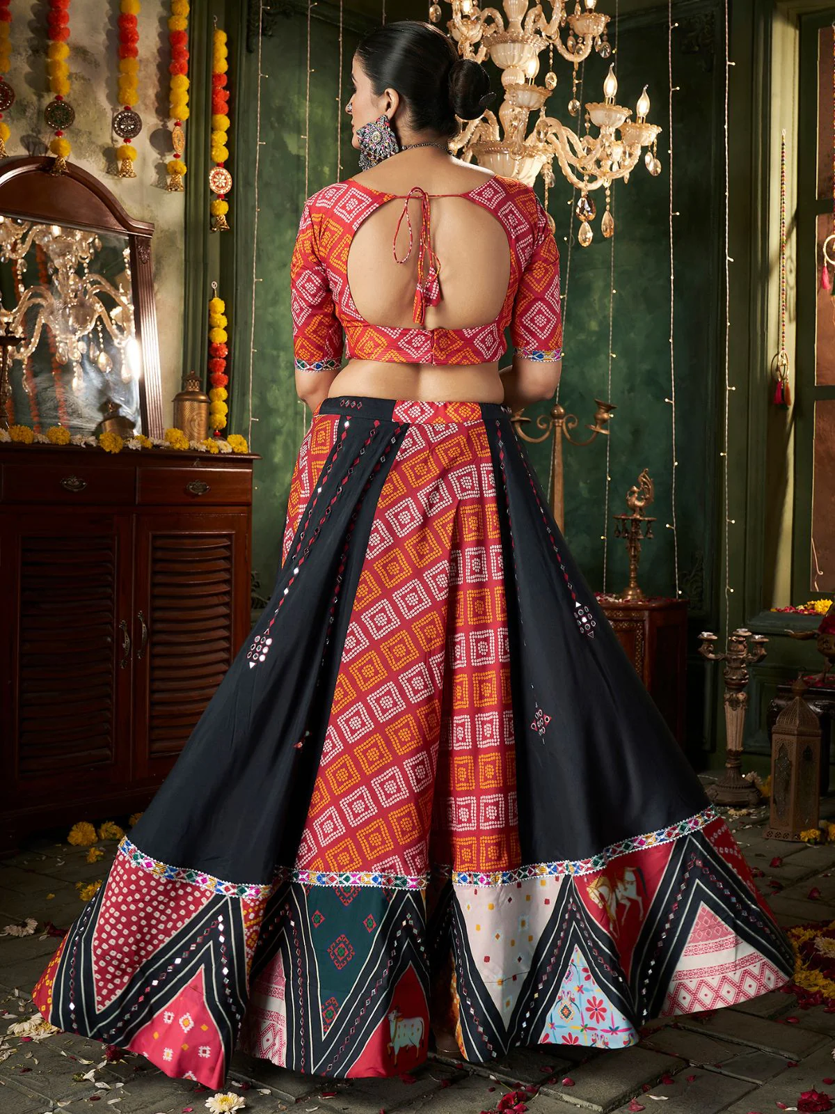 Odette Black Cotton Blend Printed Stitched Lehenga With Blouse For Women - Image 5