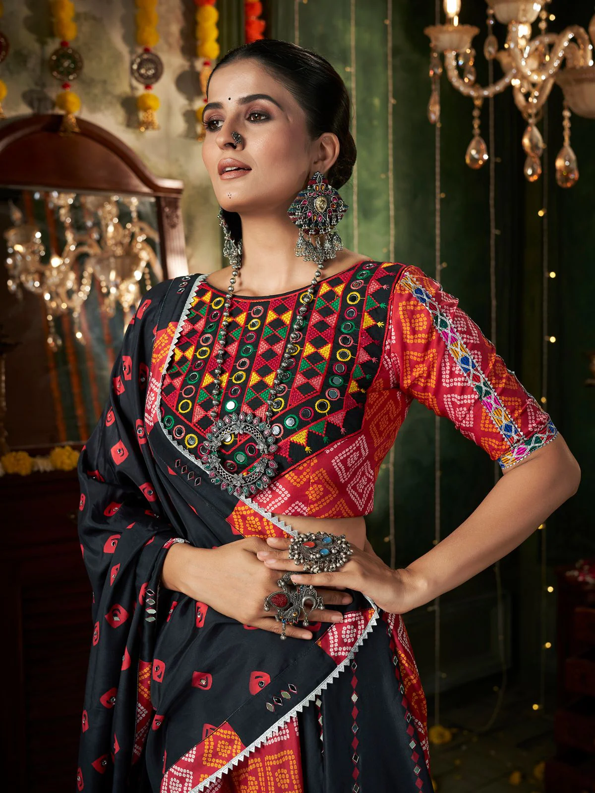 Odette Black Cotton Blend Printed Stitched Lehenga With Blouse For Women - Image 7