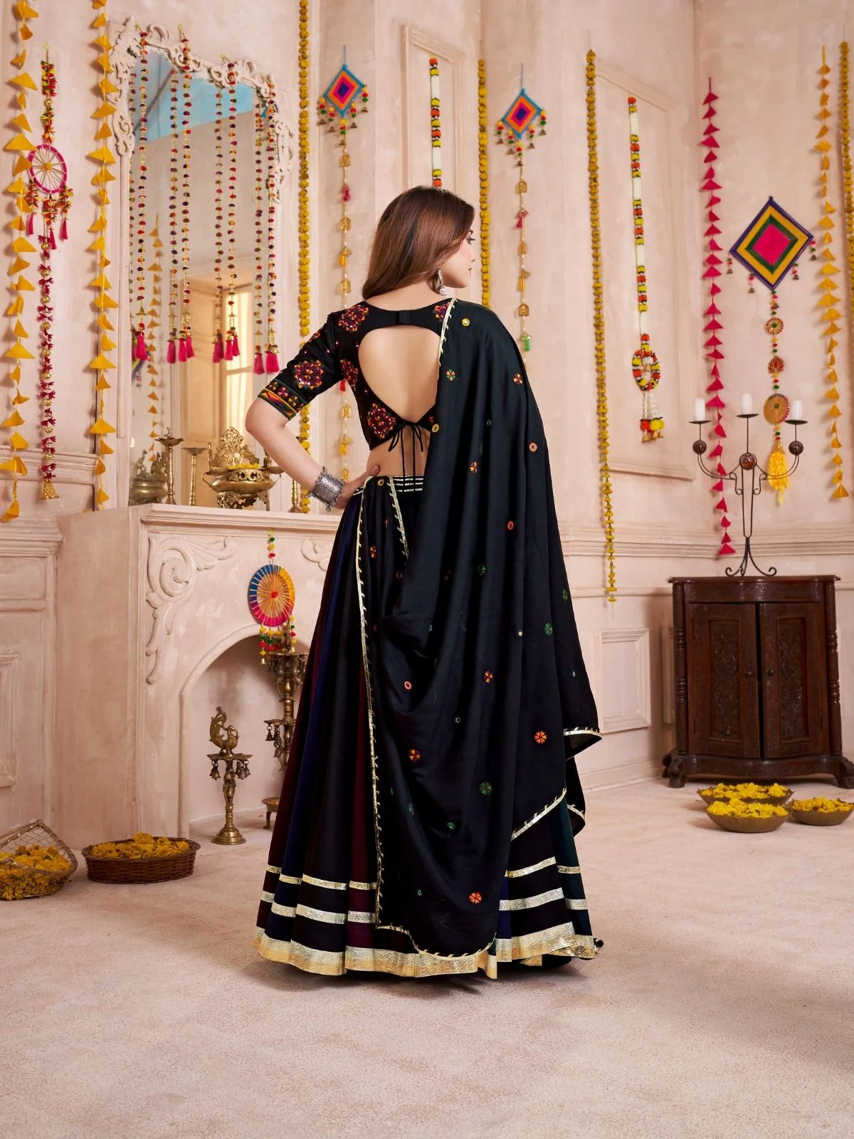 Odette Black Cotton Blend Solid With Golden Border Semi-Stitched Lehenga For Women - Image 2