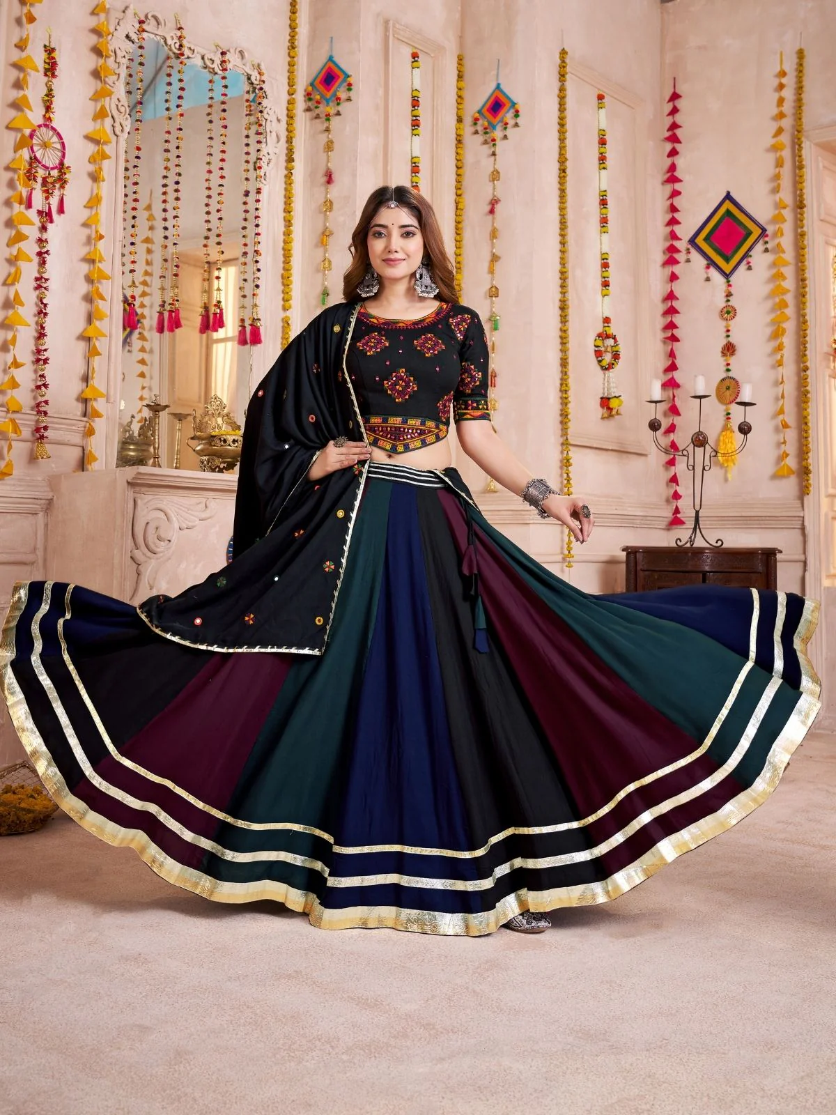 Odette Black Cotton Blend Solid With Golden Border Semi-Stitched Lehenga For Women - Image 3