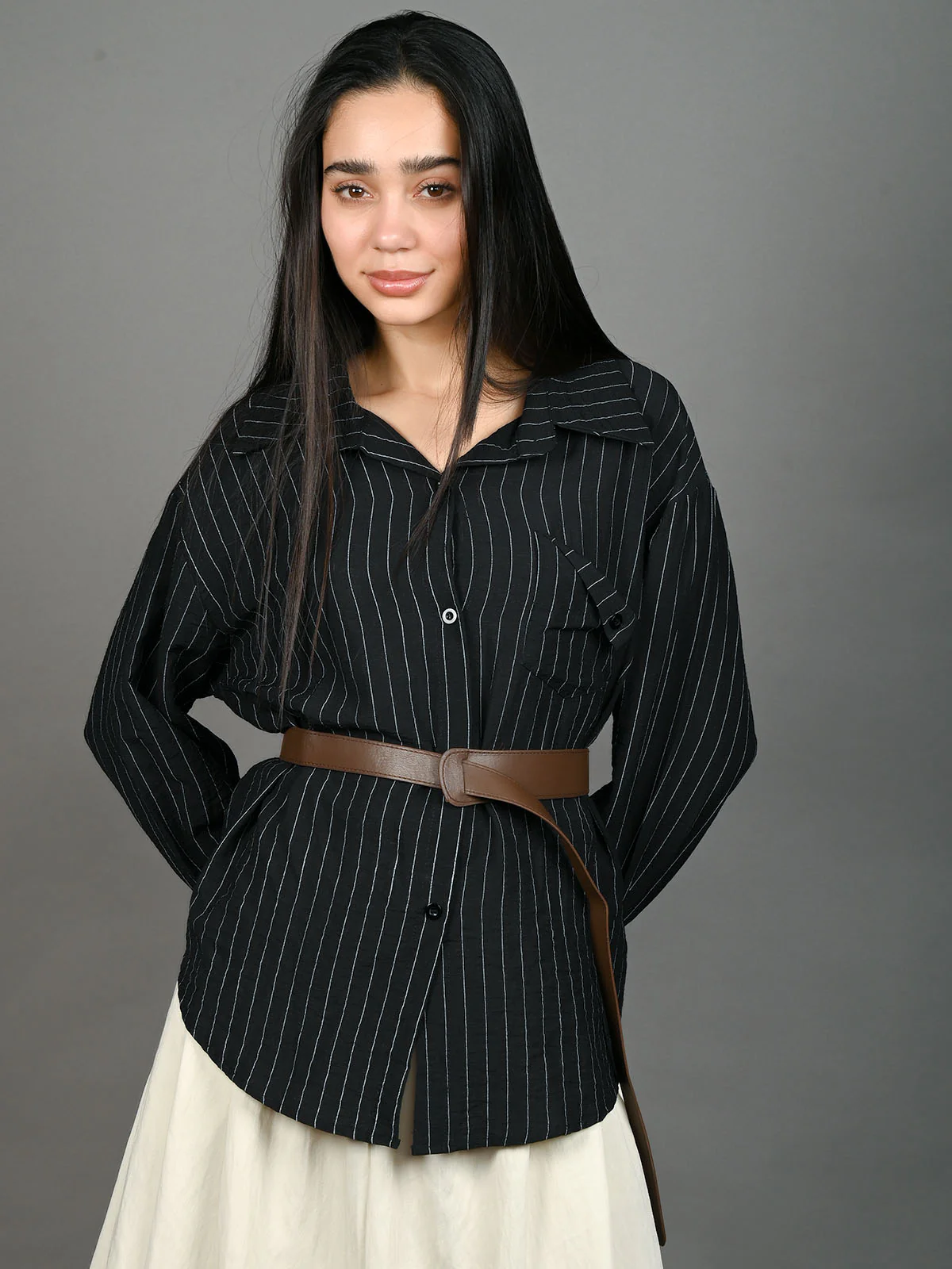 Odette Black Cotton Blend Striped Shirt With Waist Belt For Women - Image 2
