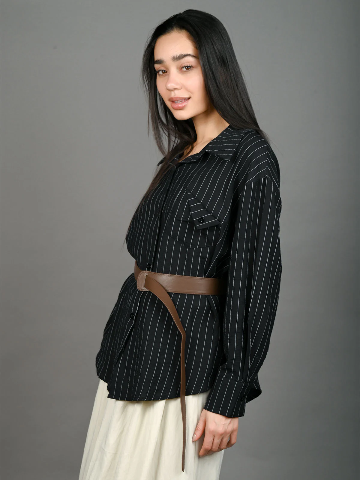 Odette Black Cotton Blend Striped Shirt With Waist Belt For Women - Image 3
