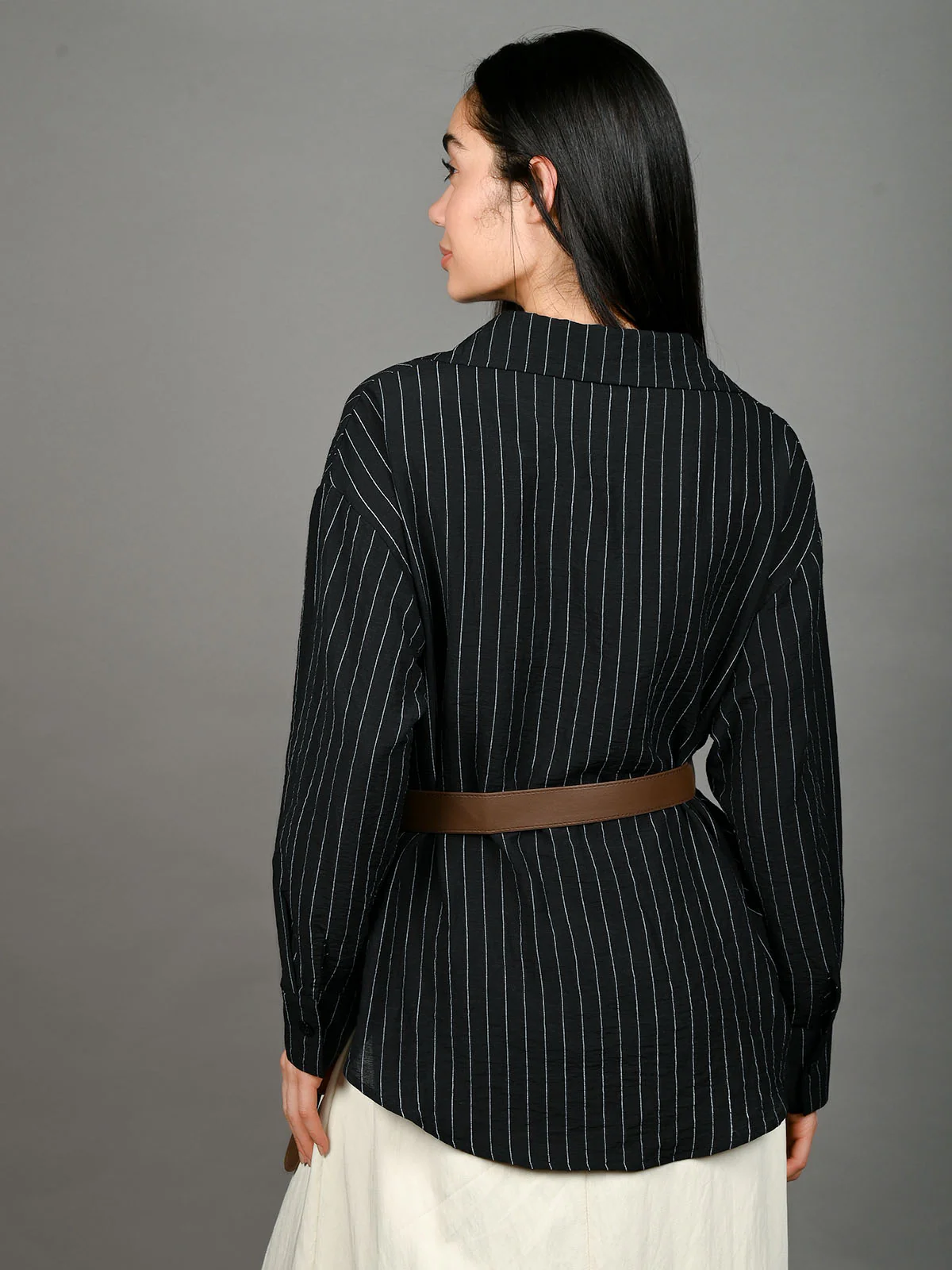 Odette Black Cotton Blend Striped Shirt With Waist Belt For Women - Image 4