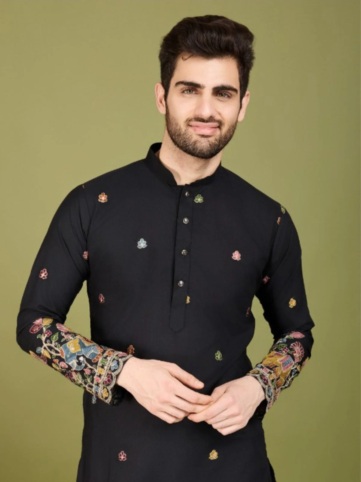 Odette Black Cotton Embroidered Stitched Kurta For Men - Image 3