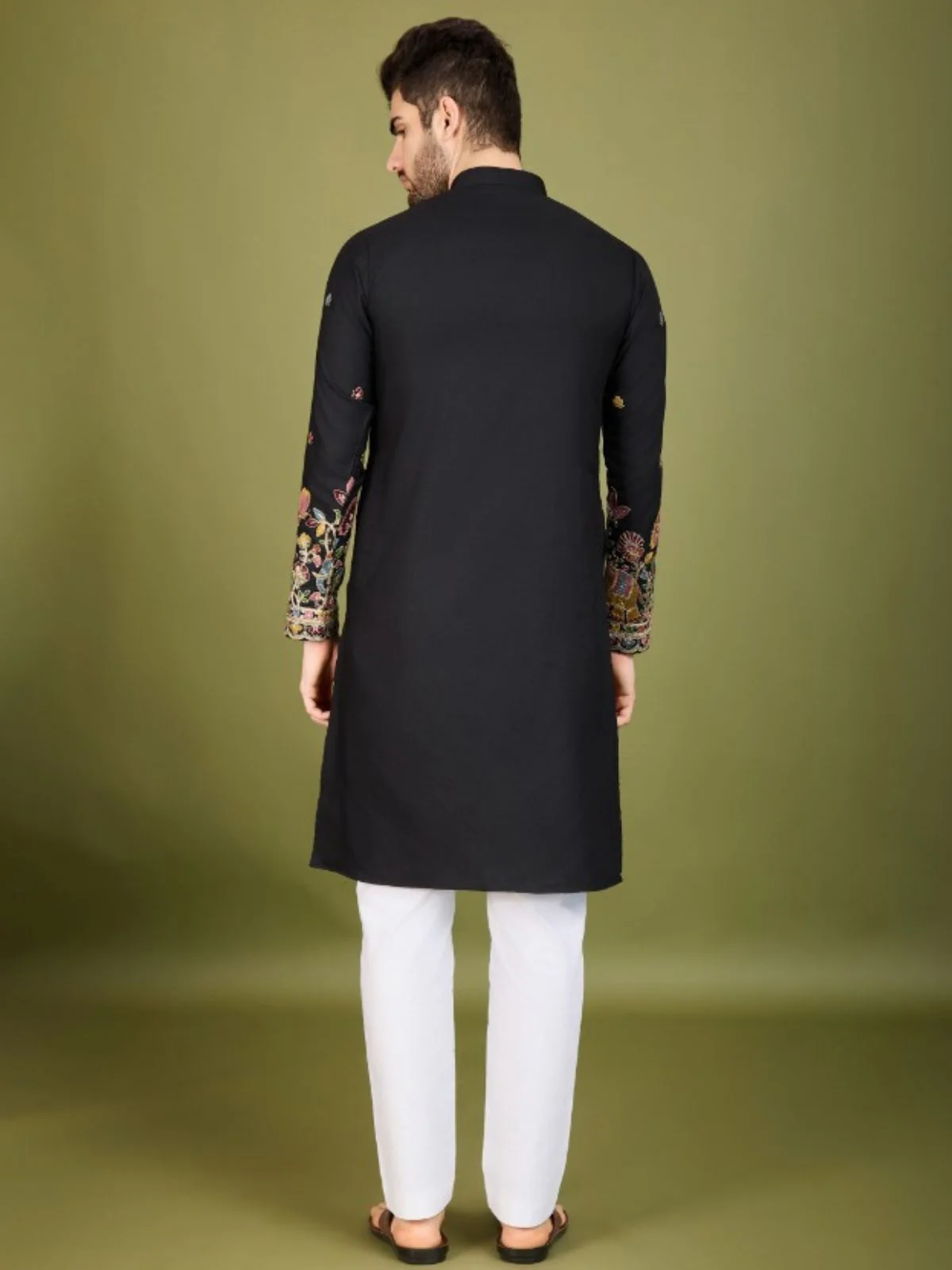 Odette Black Cotton Embroidered Stitched Kurta For Men - Image 4