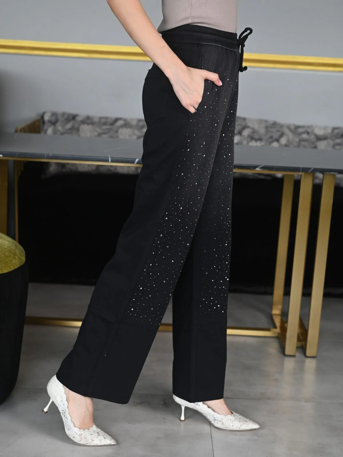 Odette Black Cotton Jersey Embellished Trouser for Women - Image 3