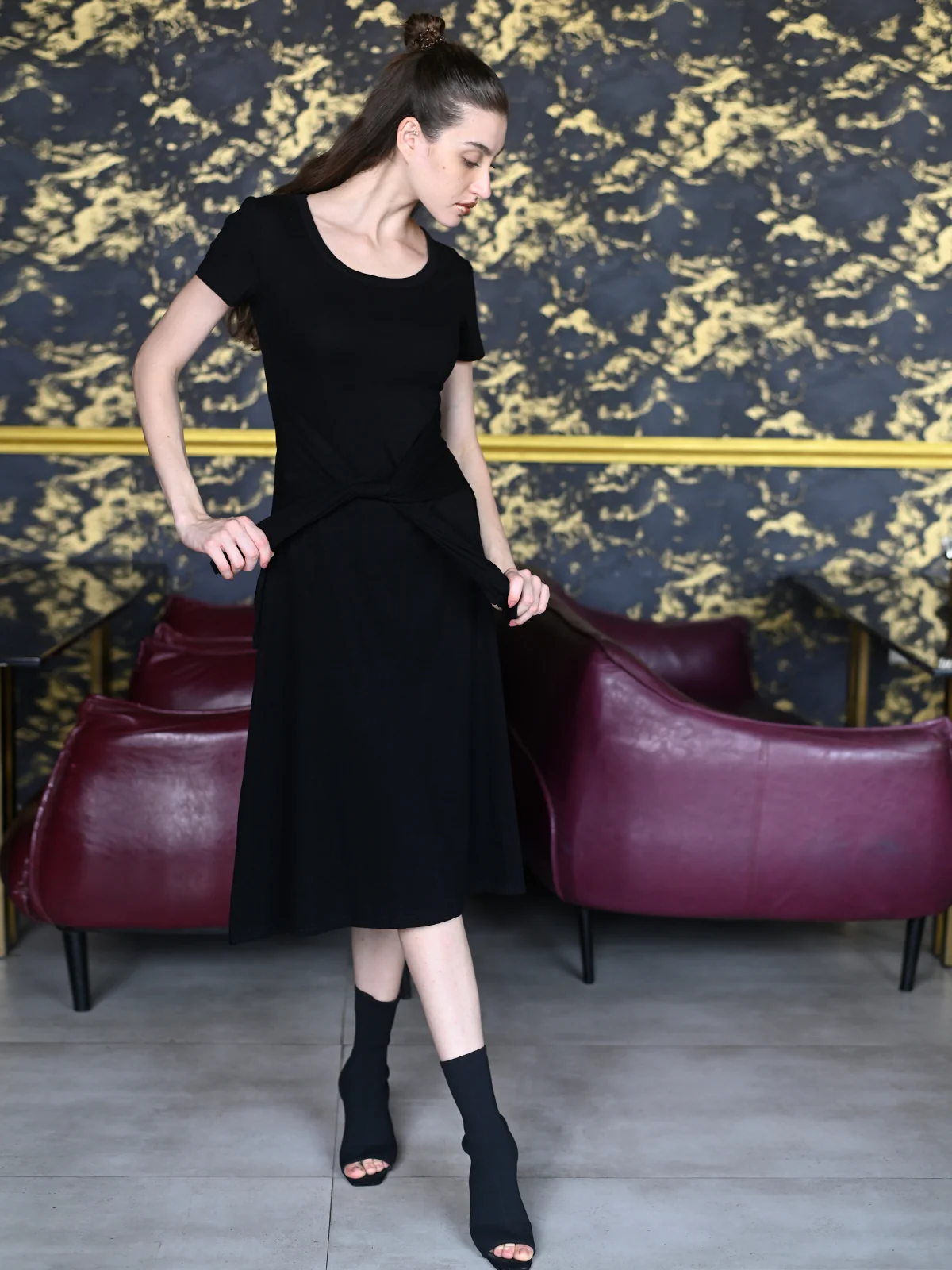 Odette Black Cotton Jersey Lycra Solid Dress for Women - Image 2