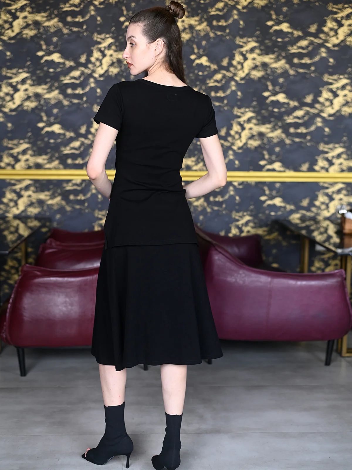 Odette Black Cotton Jersey Lycra Solid Dress for Women - Image 4