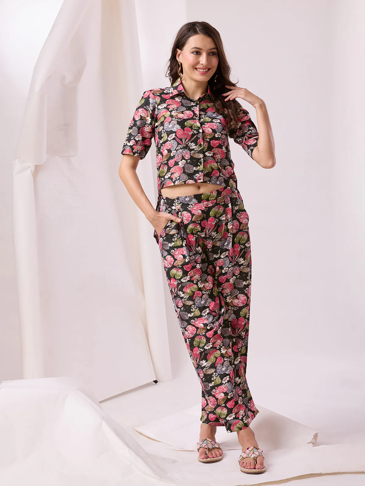 Odette Black Cotton Printed Co-ord set For Women - Image 3