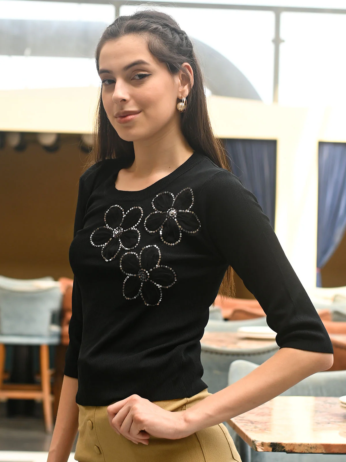 Odette Black Cotton Rib Applique Top For Women - Image 3