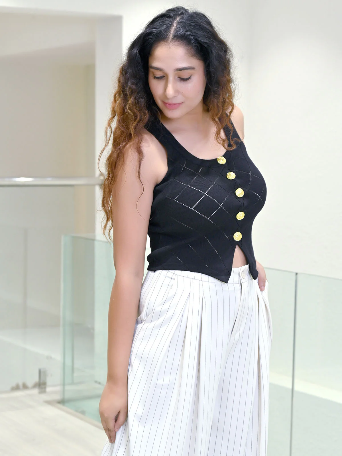 Odette Black Cotton Rib Checked Pattern Top For Women - Image 2