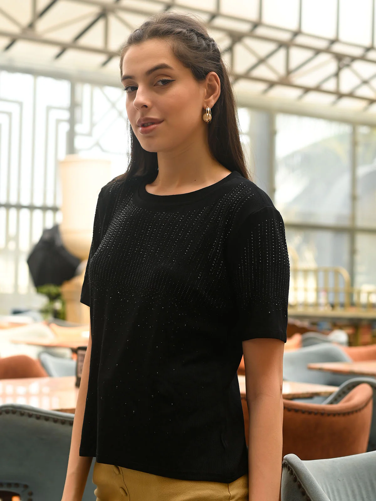 Odette Black Cotton Rib Embellished Top For Women - Image 3