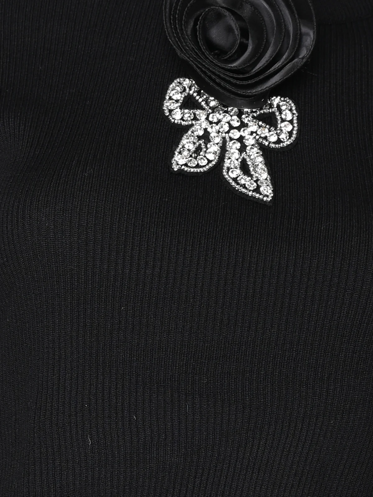 Odette Black Cotton Rib Floral Applique Top For Women - Image 4