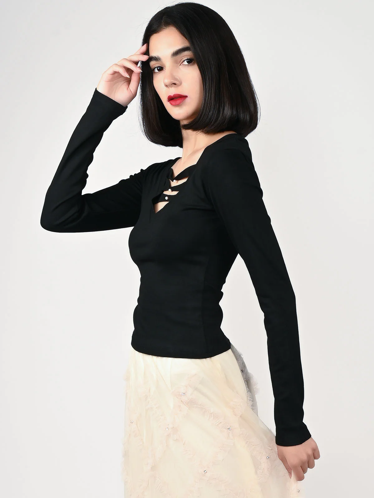 Odette Black Cotton Rib Ripped Top For Women - Image 3
