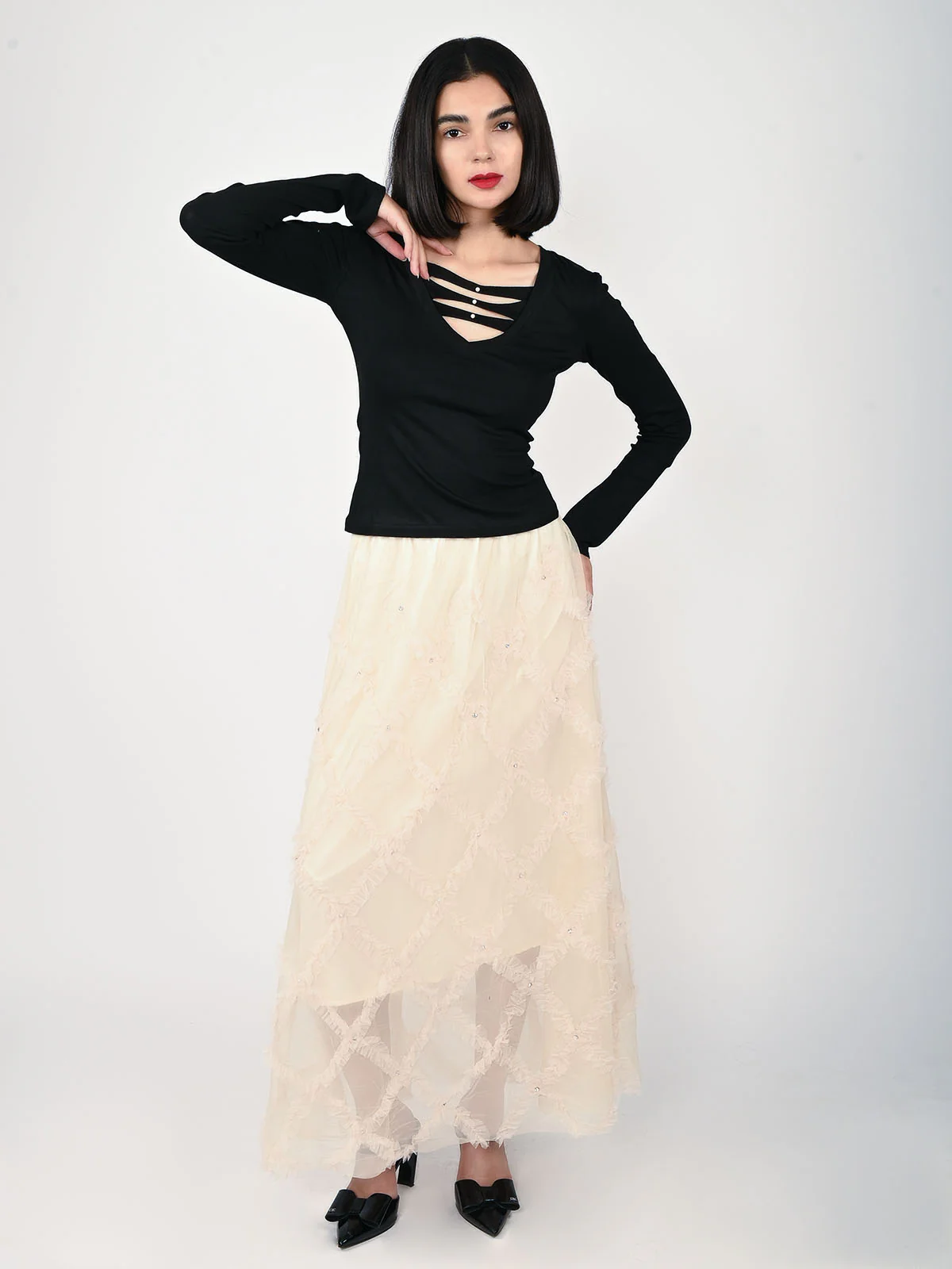 Odette Black Cotton Rib Ripped Top For Women - Image 5
