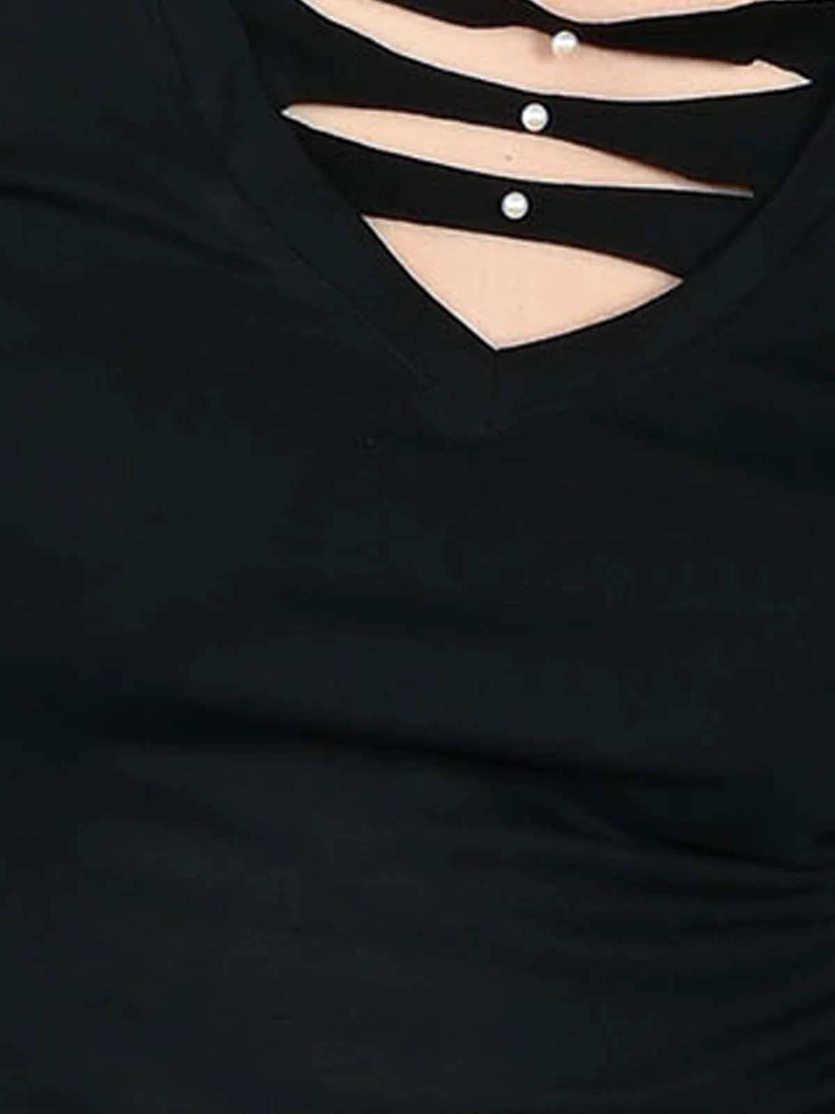 Odette Black Cotton Rib Ripped Top For Women - Image 6