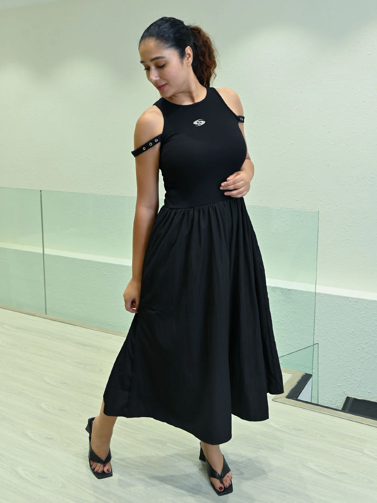 Odette Black Cotton Rib Solid Dress For Women - Image 3