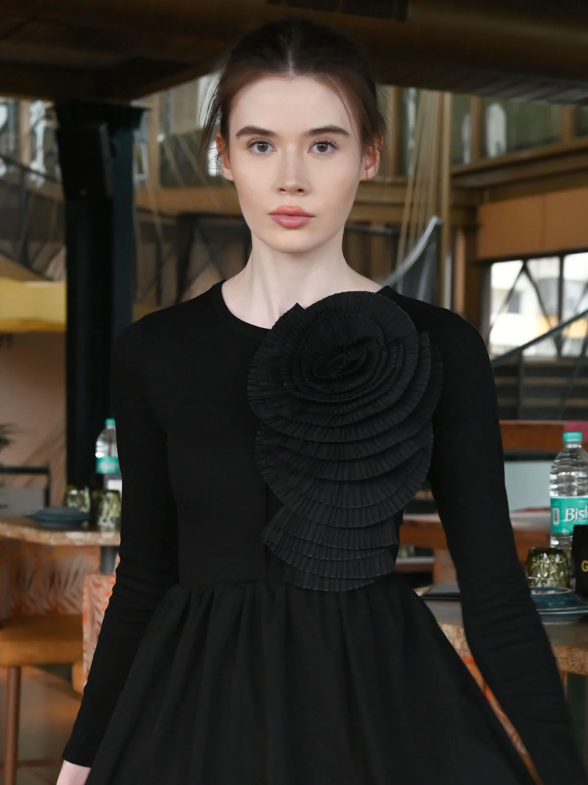 Odette Black Cotton Rib Solid Dress For Women - Image 5