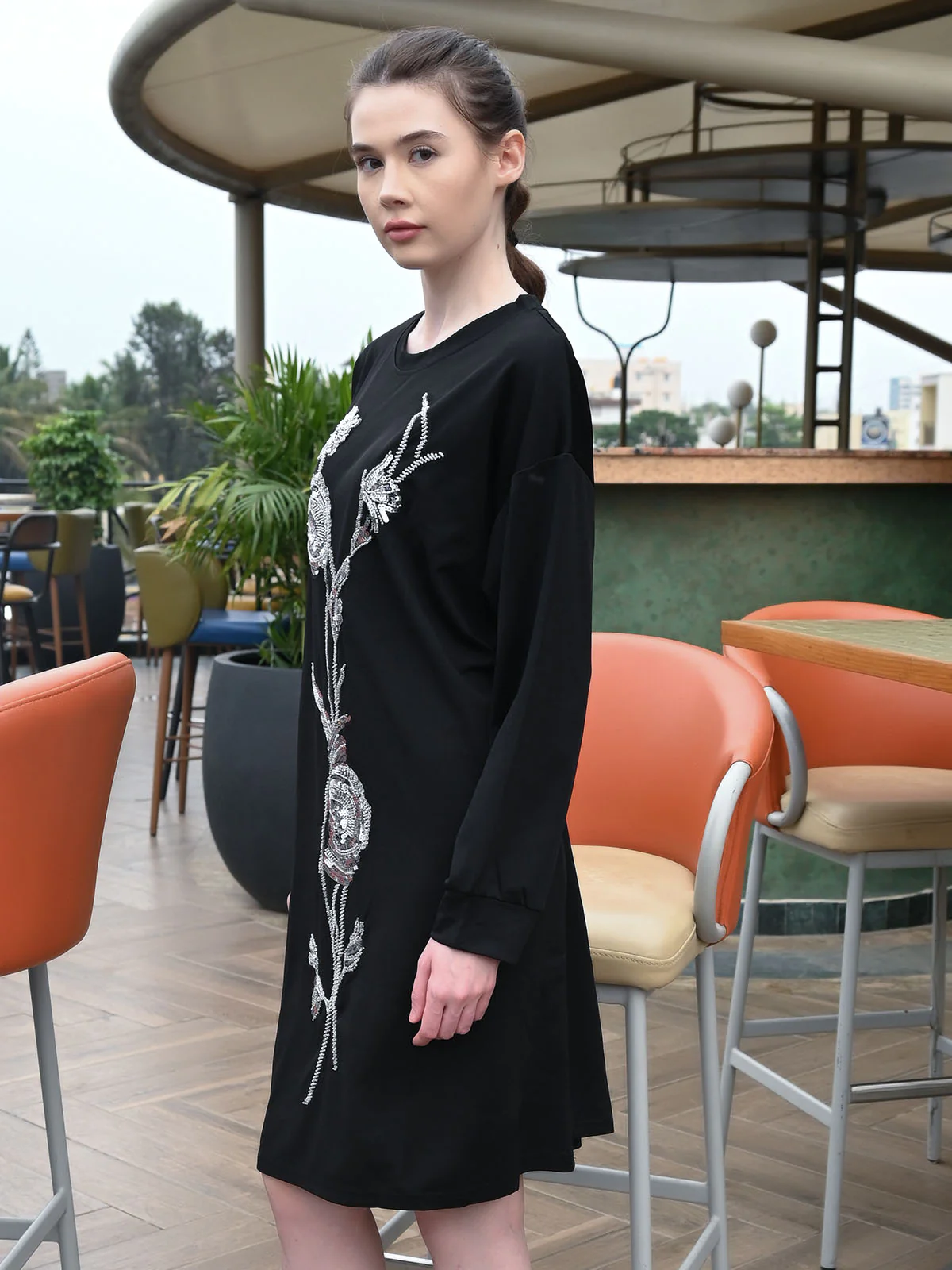 Odette Black Cotton Rib Solid Dress For Women - Image 3
