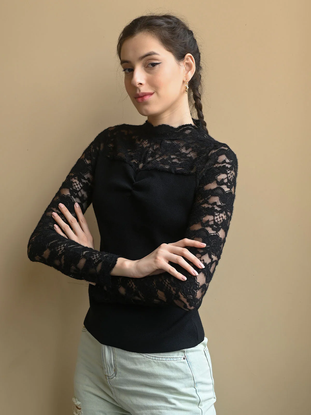 Odette Black Cotton Rib Solid Net Top For Women - Image 2