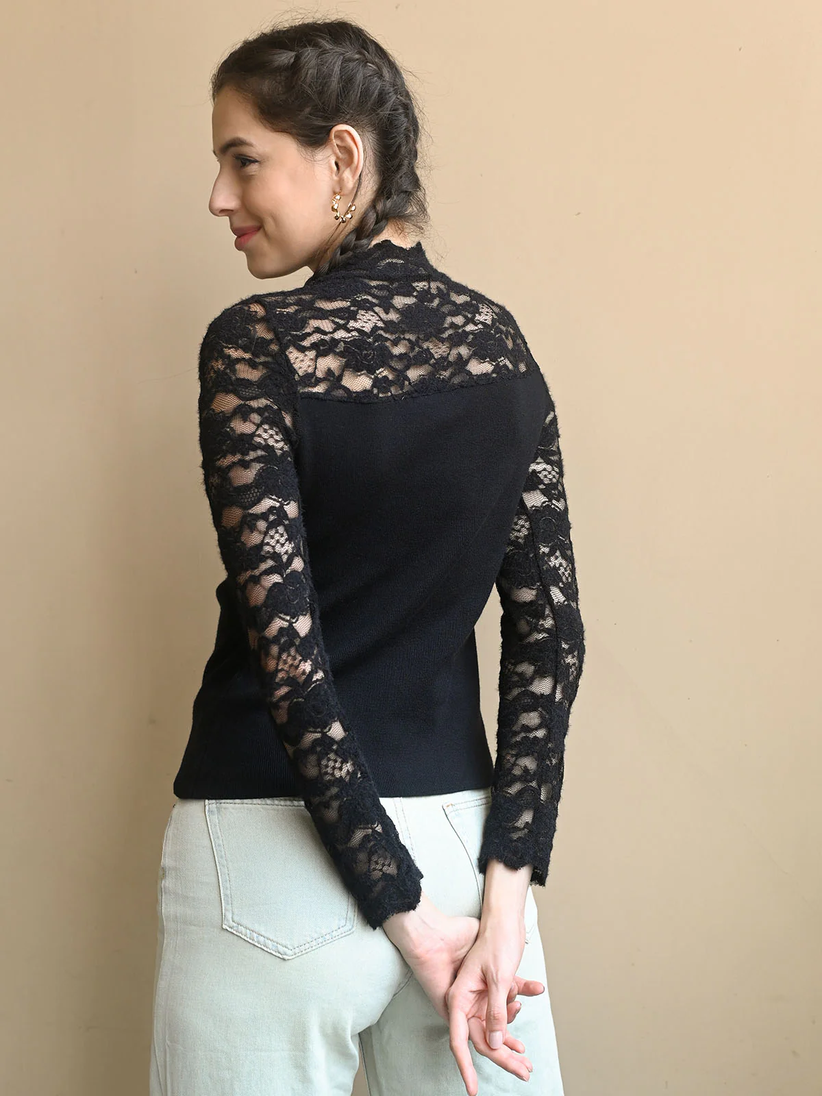 Odette Black Cotton Rib Solid Net Top For Women - Image 3