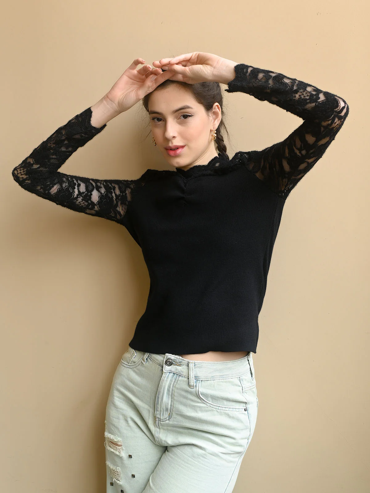 Odette Black Cotton Rib Solid Net Top For Women - Image 5