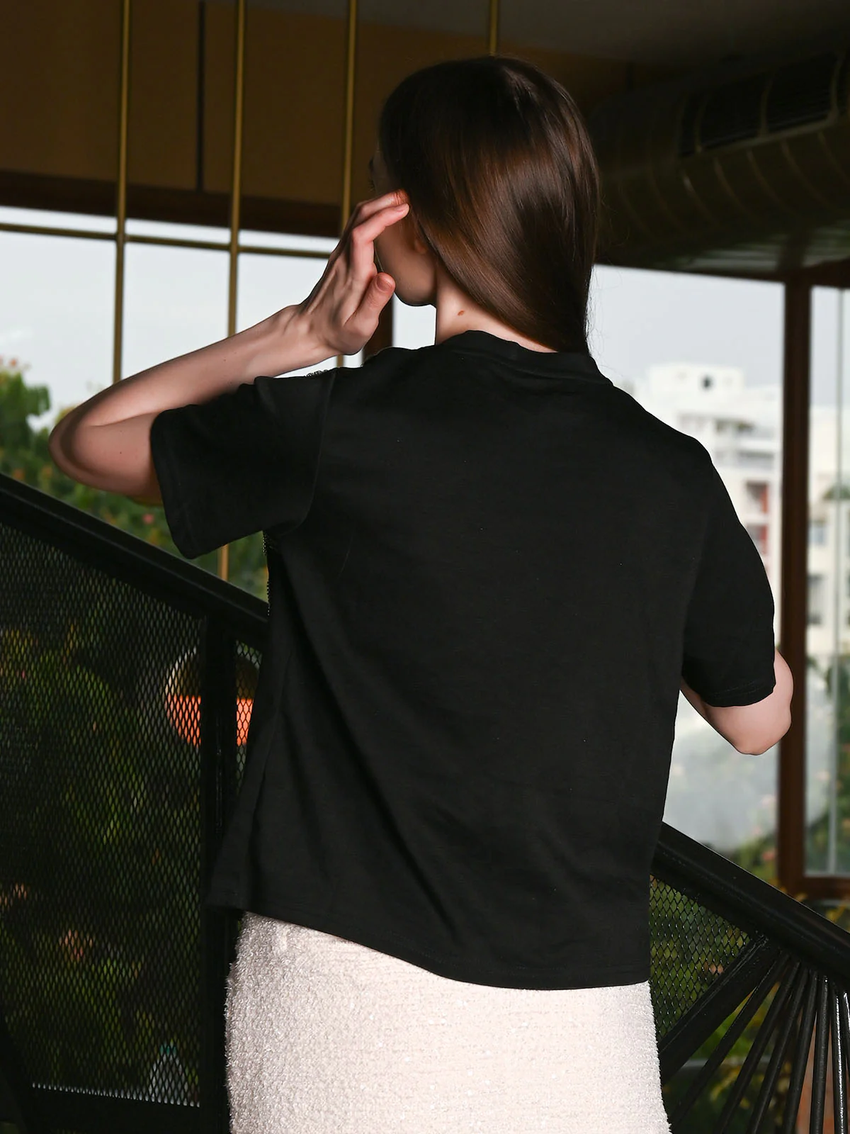 Odette Black Cotton Rib Solid T-shirt For Women - Image 3